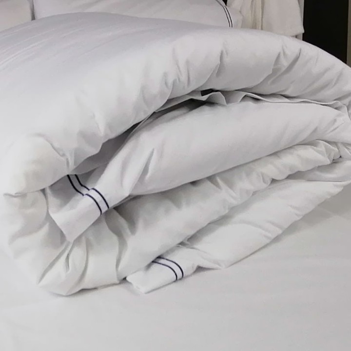 Duvet Cover Egyptian Cotton 200 Thread Count Percale Porto Blue trim rolled up