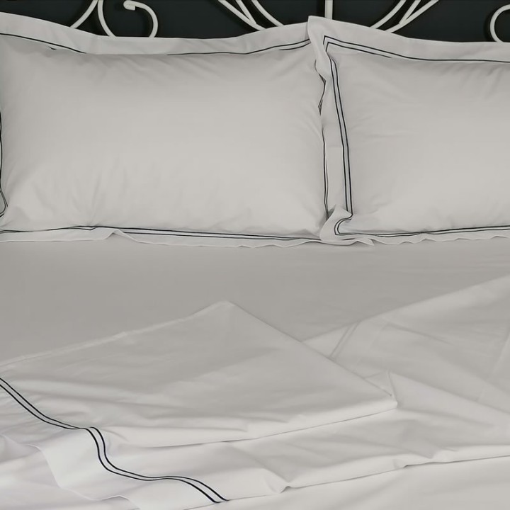 Flat sheet blue trim Egyptian Cotton 200 Thread Count Percale Porto with pillows view